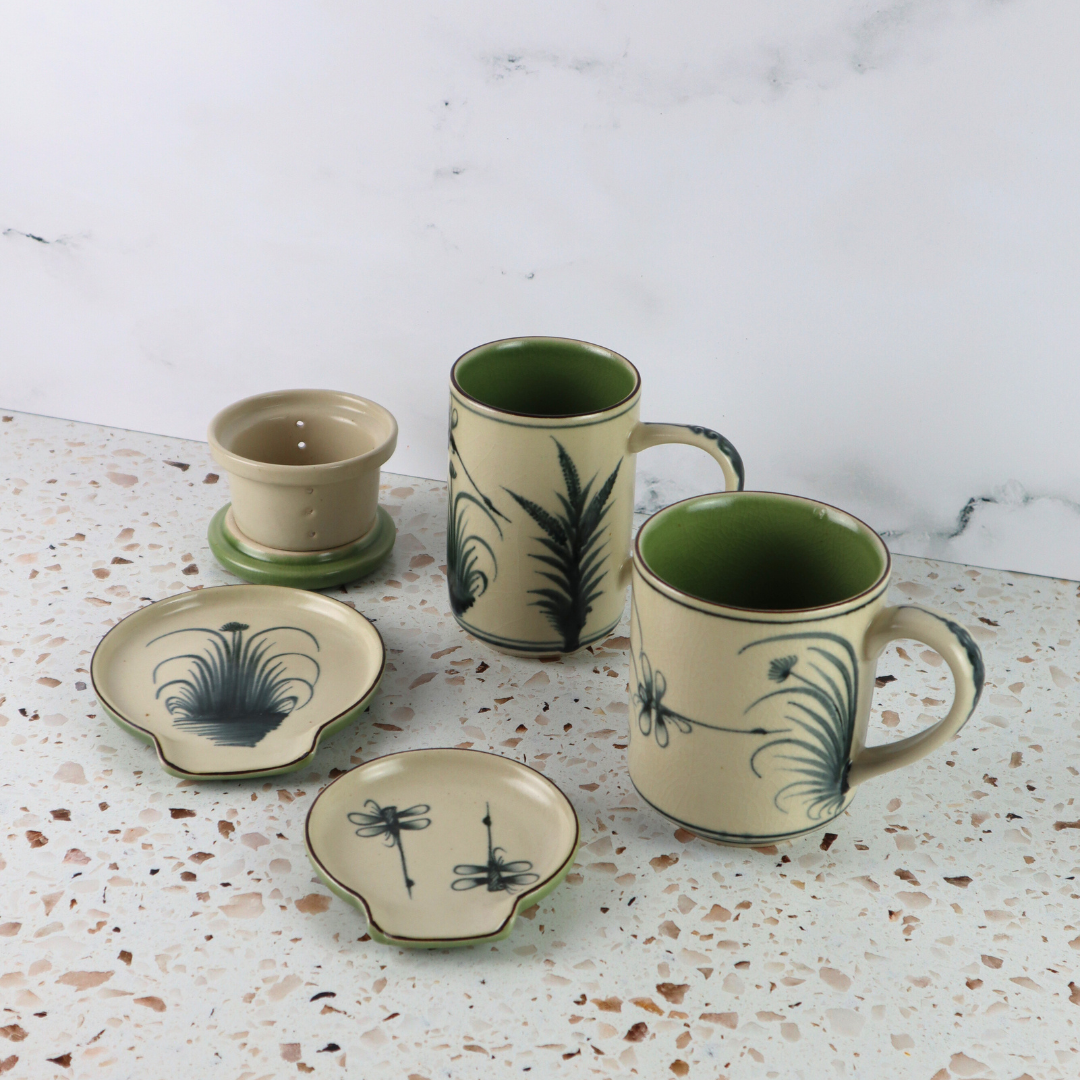 VIETNAMESE BAT TRANG DRAGONFLY COFFEE MUG SET