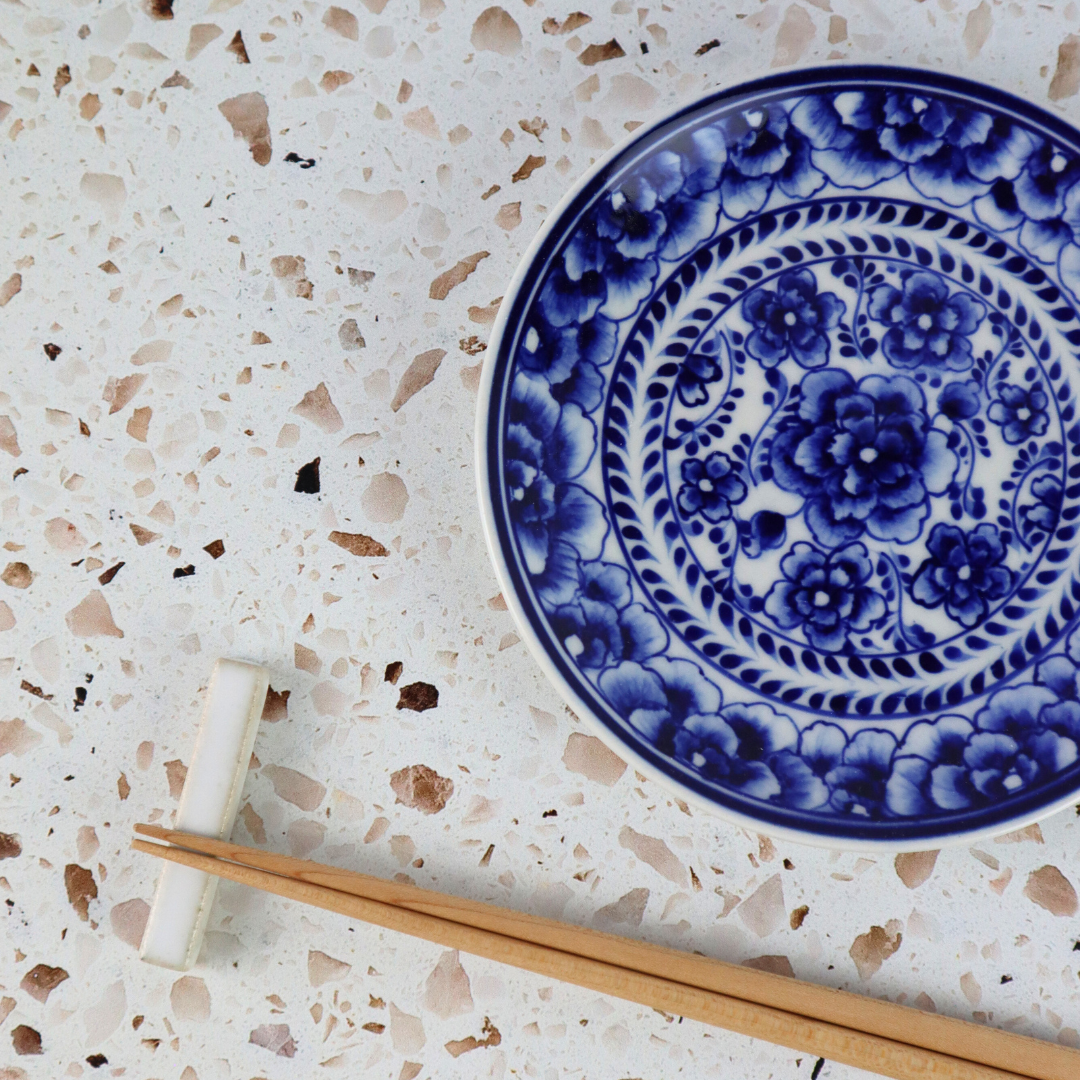 VIETNAMESE HAND PAINTED INDIGO FLORAL APPETIZER CERAMIC PLATE
