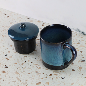 VIETNAMESE BAT TRANG BLUE OMBRE GLAZED TEA INFUSER AND MUG SET