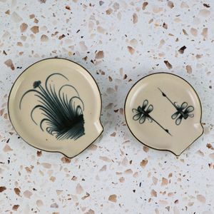 VIETNAMESE BAT TRANG DRAGON FLY CERAMIC SPOON RESTS PAIR (2 PIECES) - TEABAG RESTS, MUG COSTERS