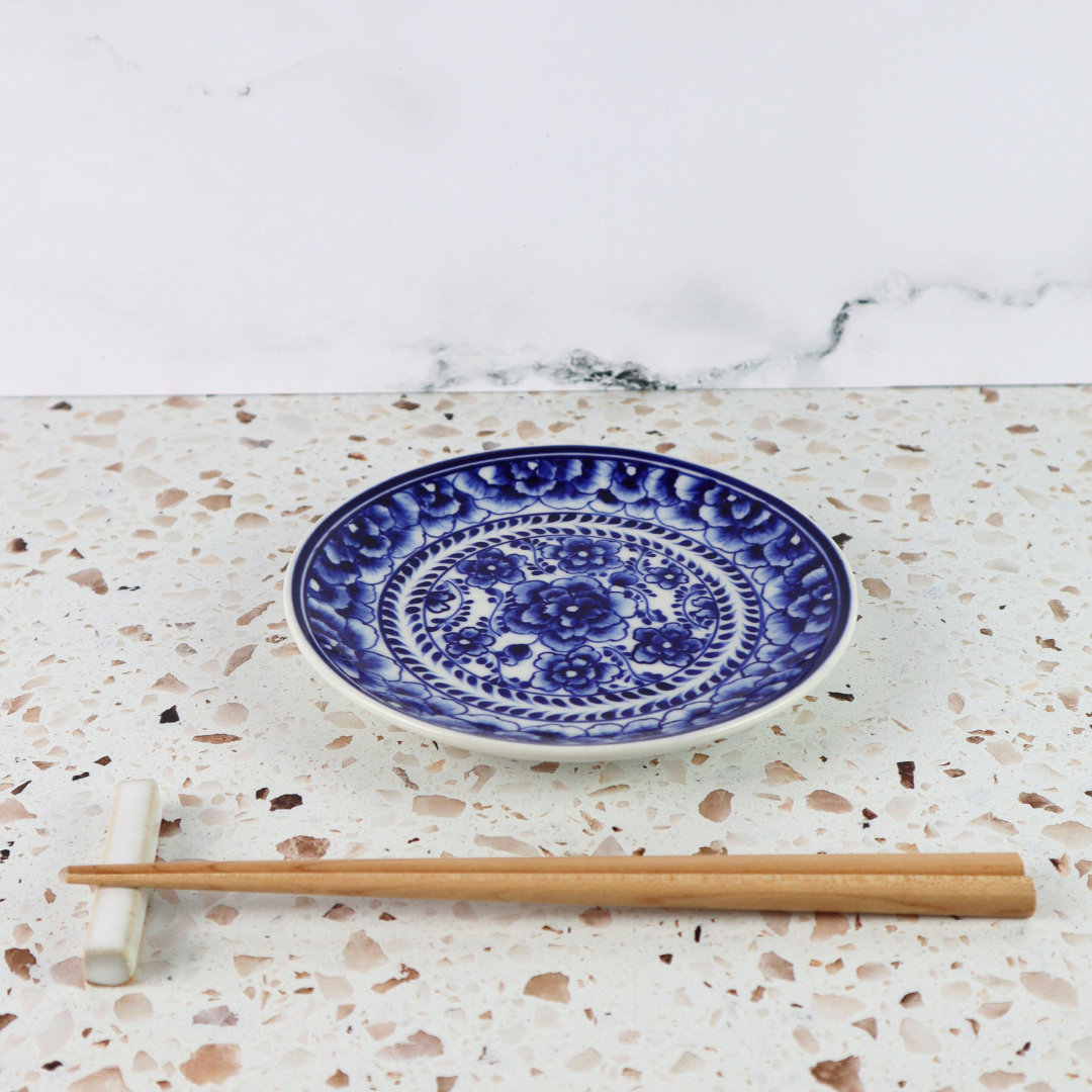 VIETNAMESE HAND PAINTED INDIGO FLORAL APPETIZER CERAMIC PLATE