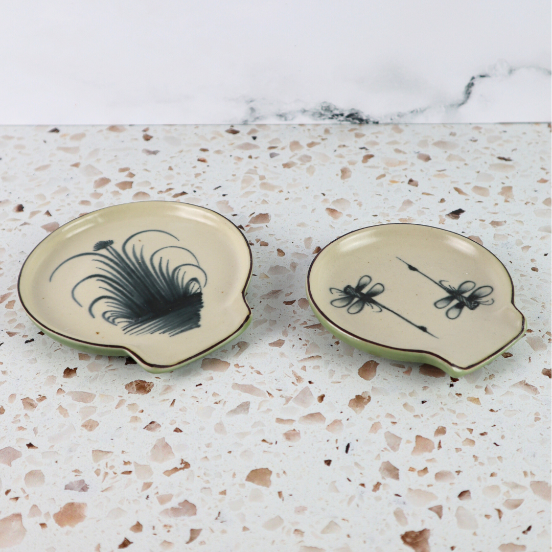 VIETNAMESE BAT TRANG DRAGON FLY CERAMIC SPOON RESTS PAIR (2 PIECES) - TEABAG RESTS, MUG COSTERS