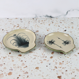 VIETNAMESE BAT TRANG DRAGON FLY CERAMIC SPOON RESTS PAIR (2 PIECES) - TEABAG RESTS, MUG COSTERS