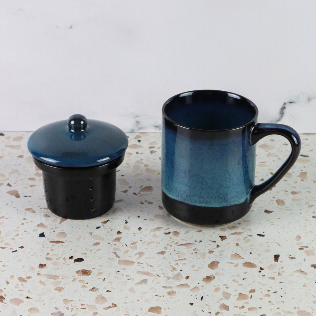 VIETNAMESE BAT TRANG BLUE OMBRE GLAZED TEA INFUSER AND MUG SET