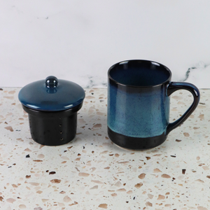 VIETNAMESE BAT TRANG BLUE OMBRE GLAZED TEA INFUSER AND MUG SET