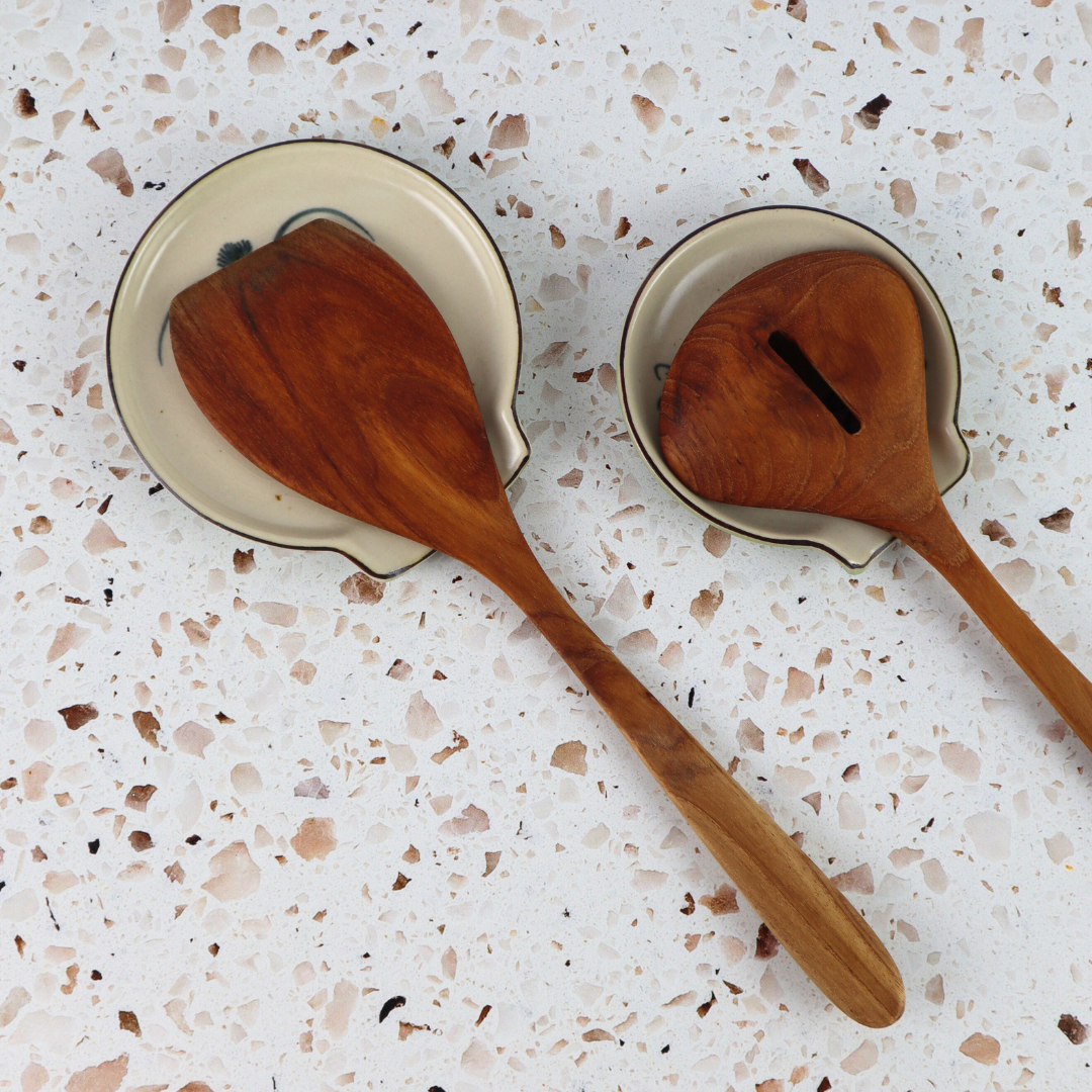 VIETNAMESE BAT TRANG DRAGON FLY CERAMIC SPOON RESTS PAIR (2 PIECES) - TEABAG RESTS, MUG COSTERS