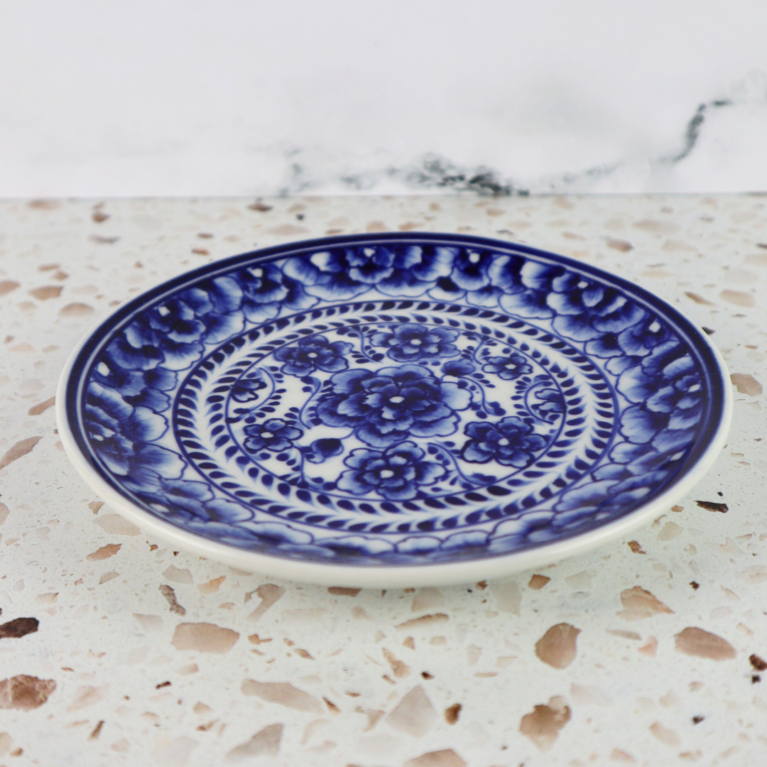 VIETNAMESE HAND PAINTED INDIGO FLORAL APPETIZER CERAMIC PLATE
