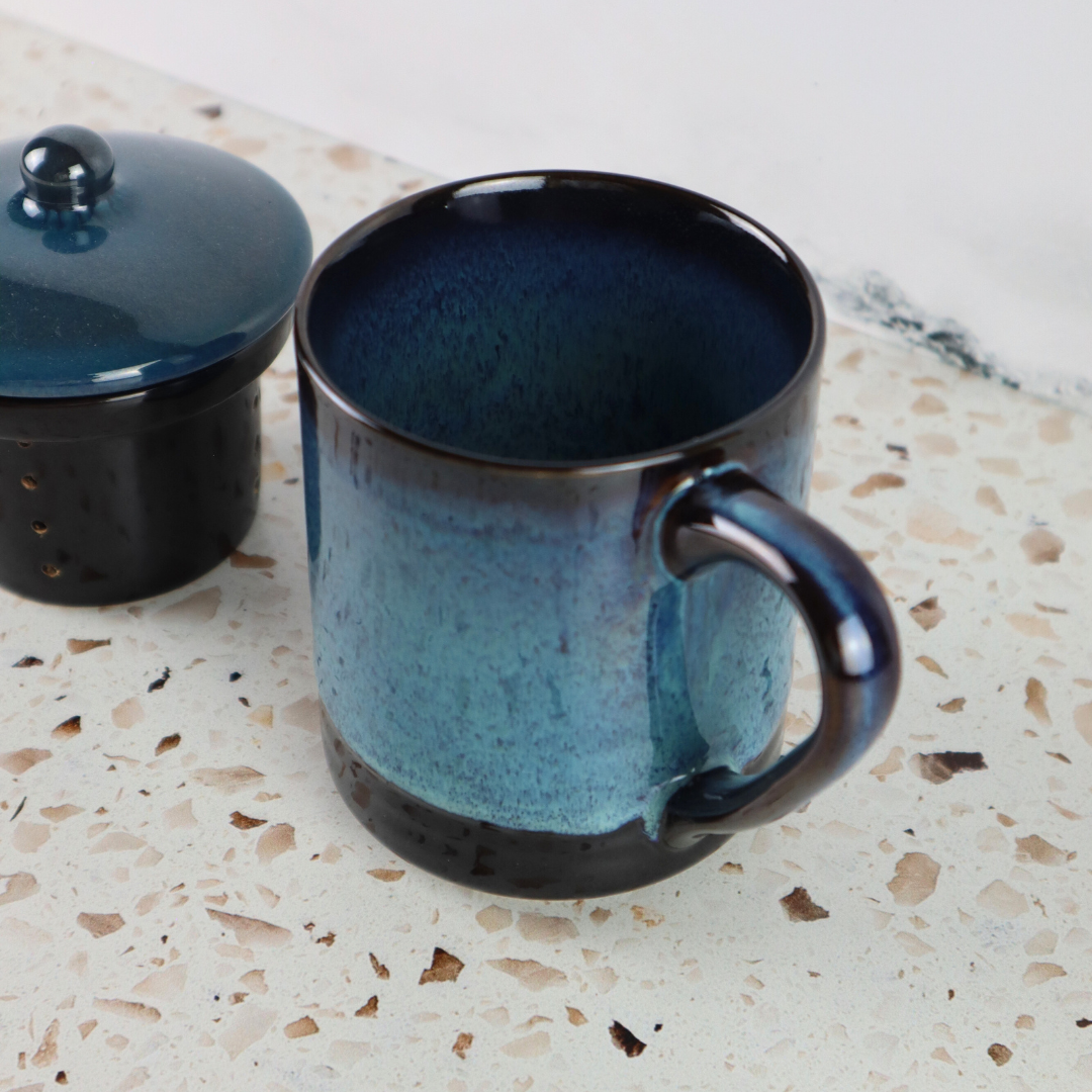 VIETNAMESE BAT TRANG BLUE OMBRE GLAZED TEA INFUSER AND MUG SET