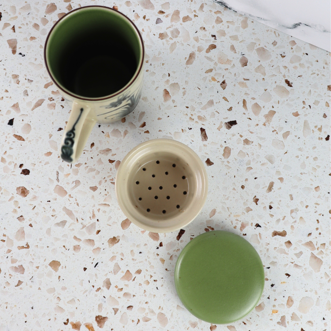 VIETNAMESE BAT TRANG DRAGONFLY TEA INFUSER AND MUG SET