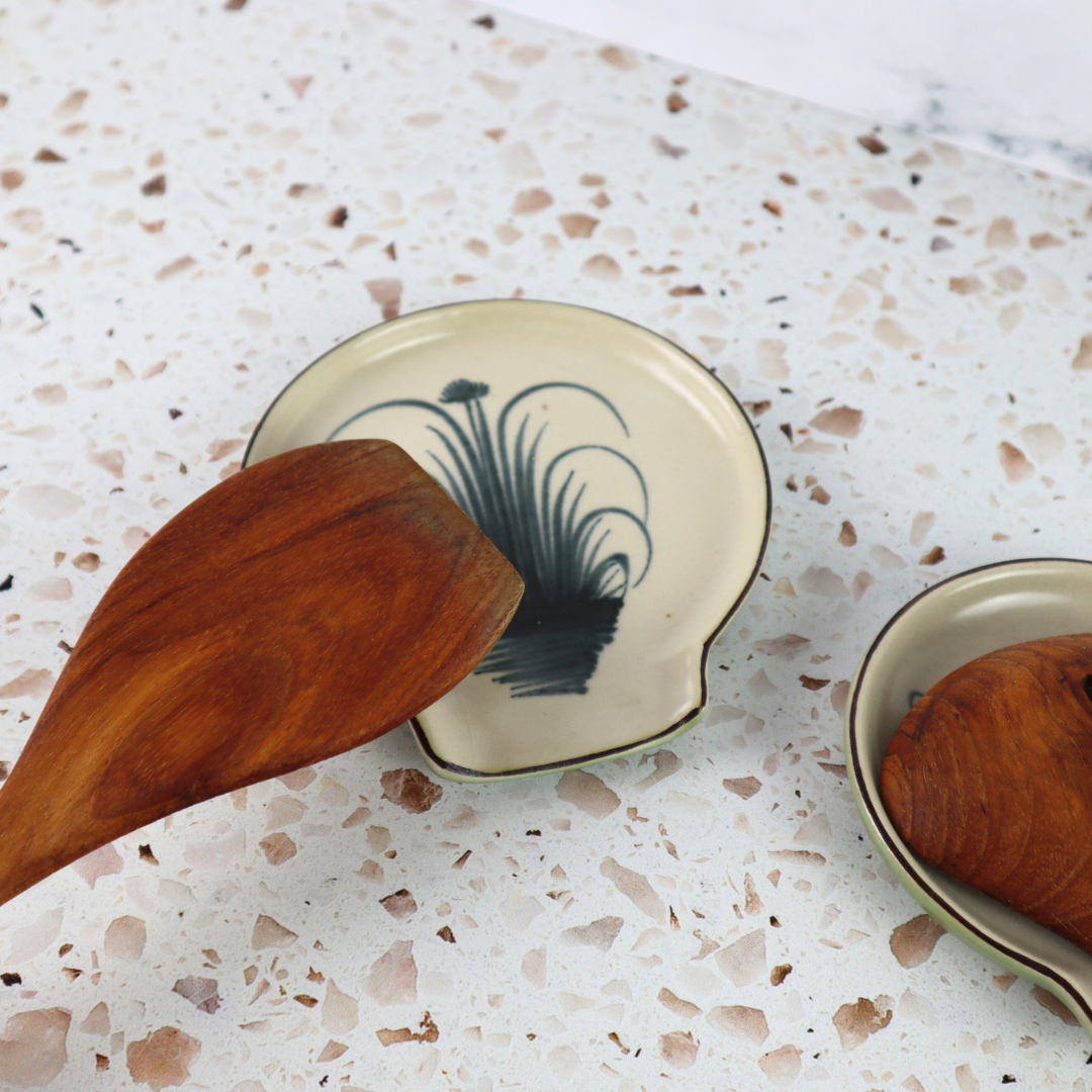 VIETNAMESE BAT TRANG DRAGON FLY CERAMIC SPOON RESTS PAIR (2 PIECES) - TEABAG RESTS, MUG COSTERS