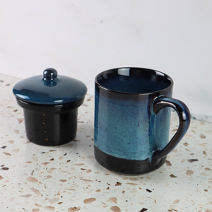 VIETNAMESE BAT TRANG BLUE OMBRE GLAZED TEA INFUSER AND MUG SET