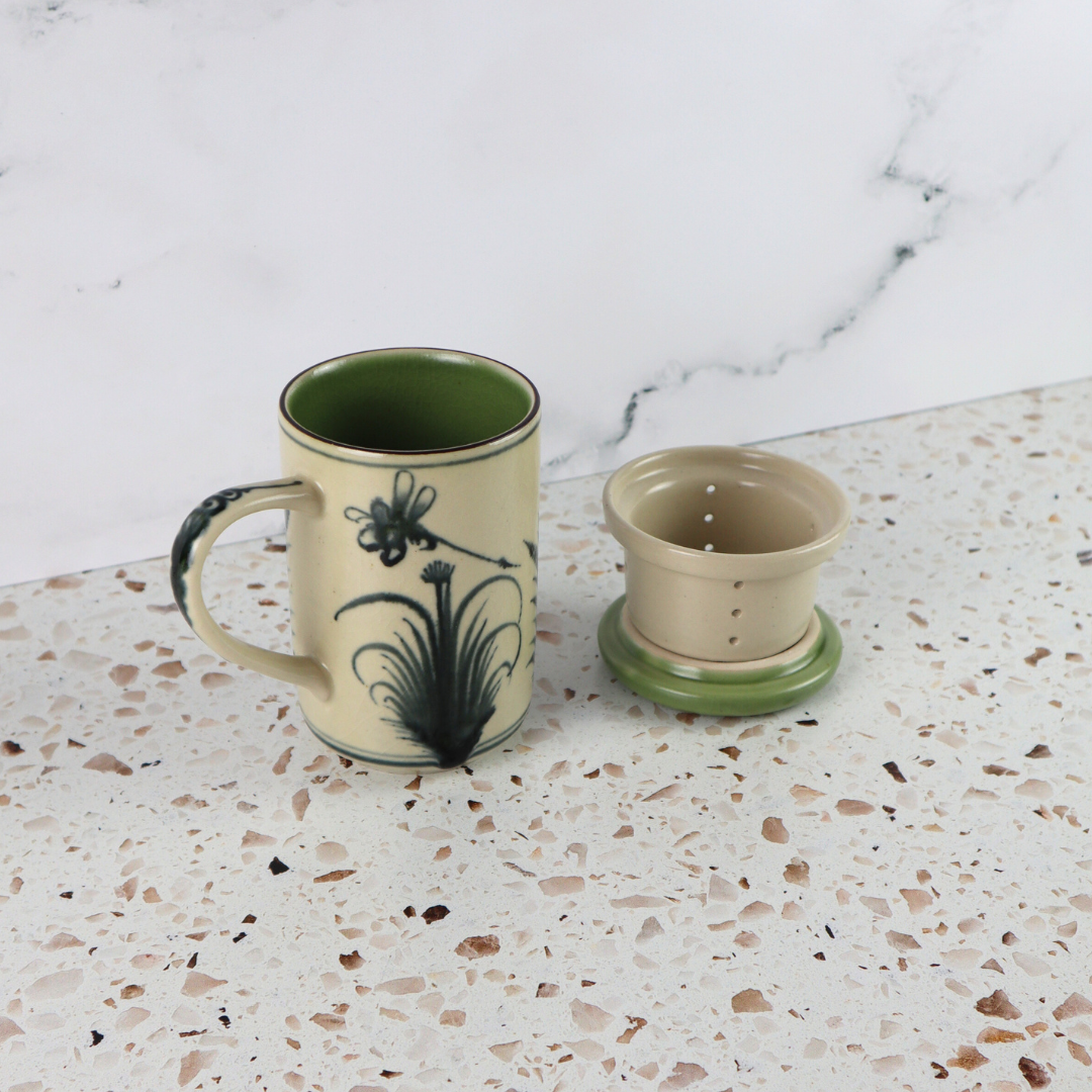 VIETNAMESE BAT TRANG DRAGONFLY TEA INFUSER AND MUG SET