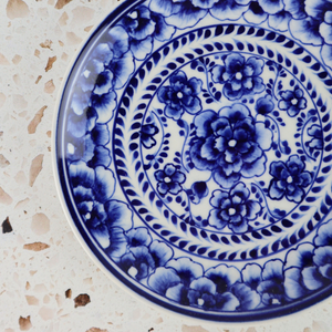VIETNAMESE HAND PAINTED INDIGO FLORAL APPETIZER CERAMIC PLATE