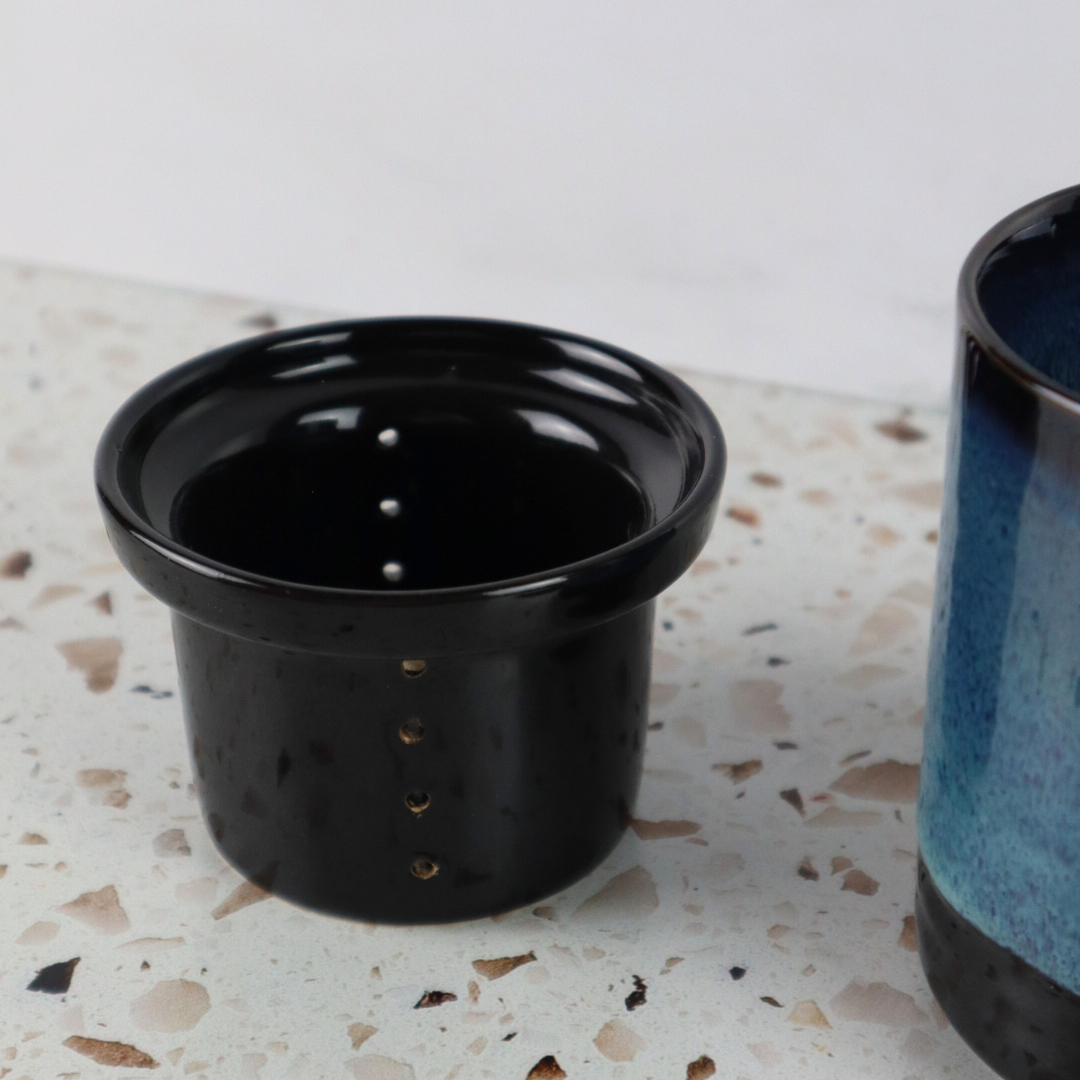 VIETNAMESE BAT TRANG BLUE OMBRE GLAZED TEA INFUSER AND MUG SET