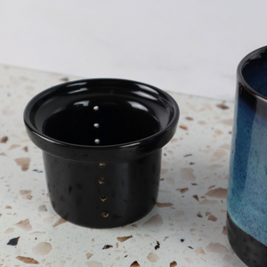 VIETNAMESE BAT TRANG BLUE OMBRE GLAZED TEA INFUSER AND MUG SET
