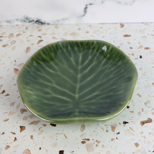 INDONESIAN HAND PAINTED GREEN LOTUS LEAF APPETIZER CERAMIC PLATE