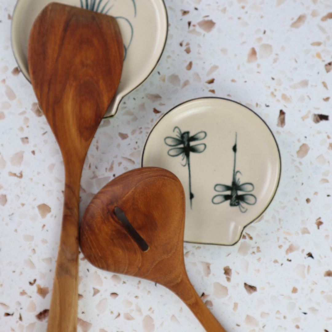 VIETNAMESE BAT TRANG DRAGON FLY CERAMIC SPOON RESTS PAIR (2 PIECES) - TEABAG RESTS, MUG COSTERS