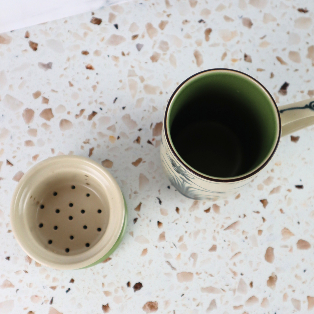 VIETNAMESE BAT TRANG DRAGONFLY TEA INFUSER AND MUG SET