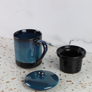 VIETNAMESE BAT TRANG BLUE OMBRE GLAZED TEA INFUSER AND MUG SET