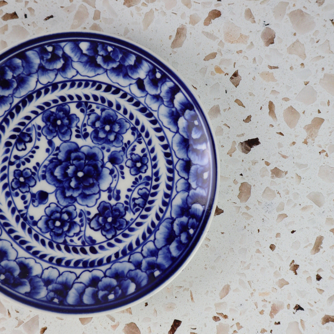VIETNAMESE HAND PAINTED INDIGO FLORAL APPETIZER CERAMIC PLATE