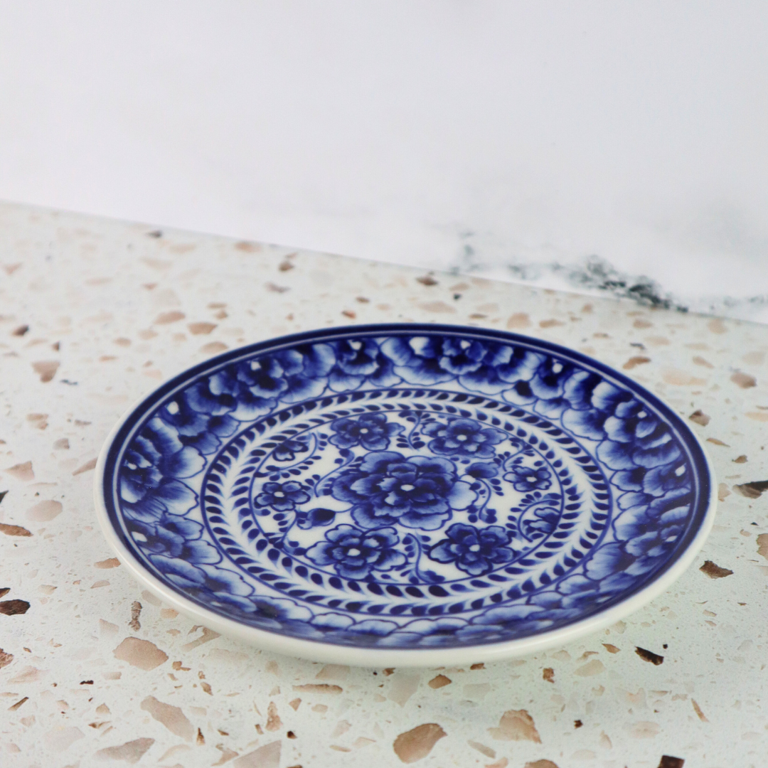 VIETNAMESE HAND PAINTED INDIGO FLORAL APPETIZER CERAMIC PLATE