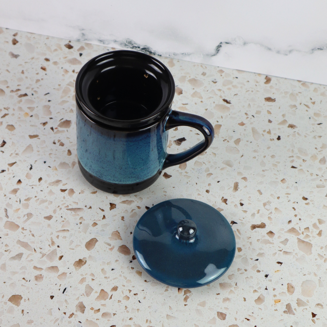 VIETNAMESE BAT TRANG BLUE OMBRE GLAZED TEA INFUSER AND MUG SET