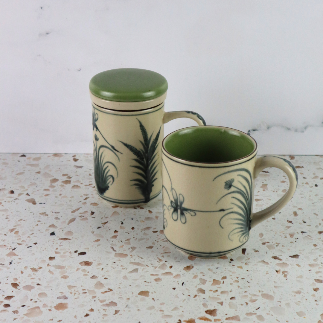 VIETNAMESE BAT TRANG DRAGONFLY COFFEE MUG SET