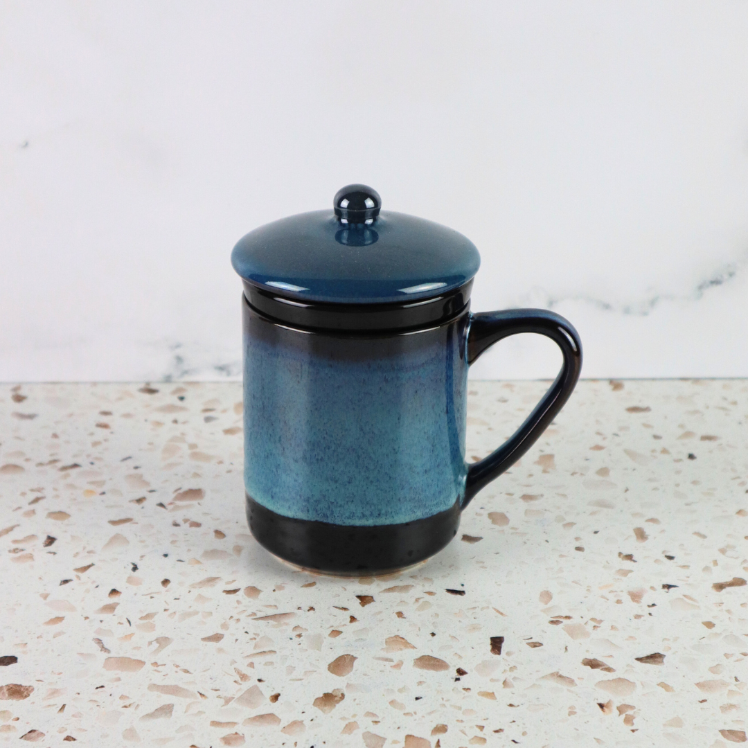 VIETNAMESE BAT TRANG BLUE OMBRE GLAZED TEA INFUSER AND MUG SET