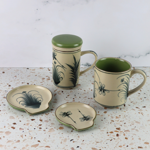 VIETNAMESE BAT TRANG DRAGONFLY COFFEE MUG SET
