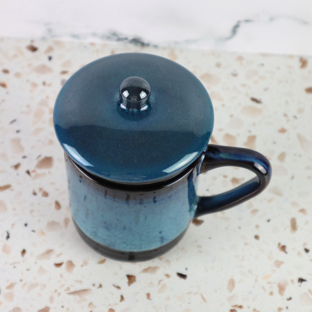 VIETNAMESE BAT TRANG BLUE OMBRE GLAZED TEA INFUSER AND MUG SET