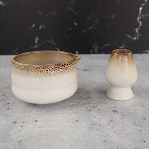 THAI BROWN OMBRE CERAMIC MATCHA BOWL AND WHISK HOLDER RITUAL SET (2 PIECES)