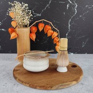 THAI BROWN OMBRE CERAMIC MATCHA BOWL AND WHISK HOLDER RITUAL SET (2 PIECES)