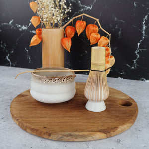 THAI BROWN OMBRE CERAMIC MATCHA BOWL AND WHISK HOLDER RITUAL SET (2 PIECES)