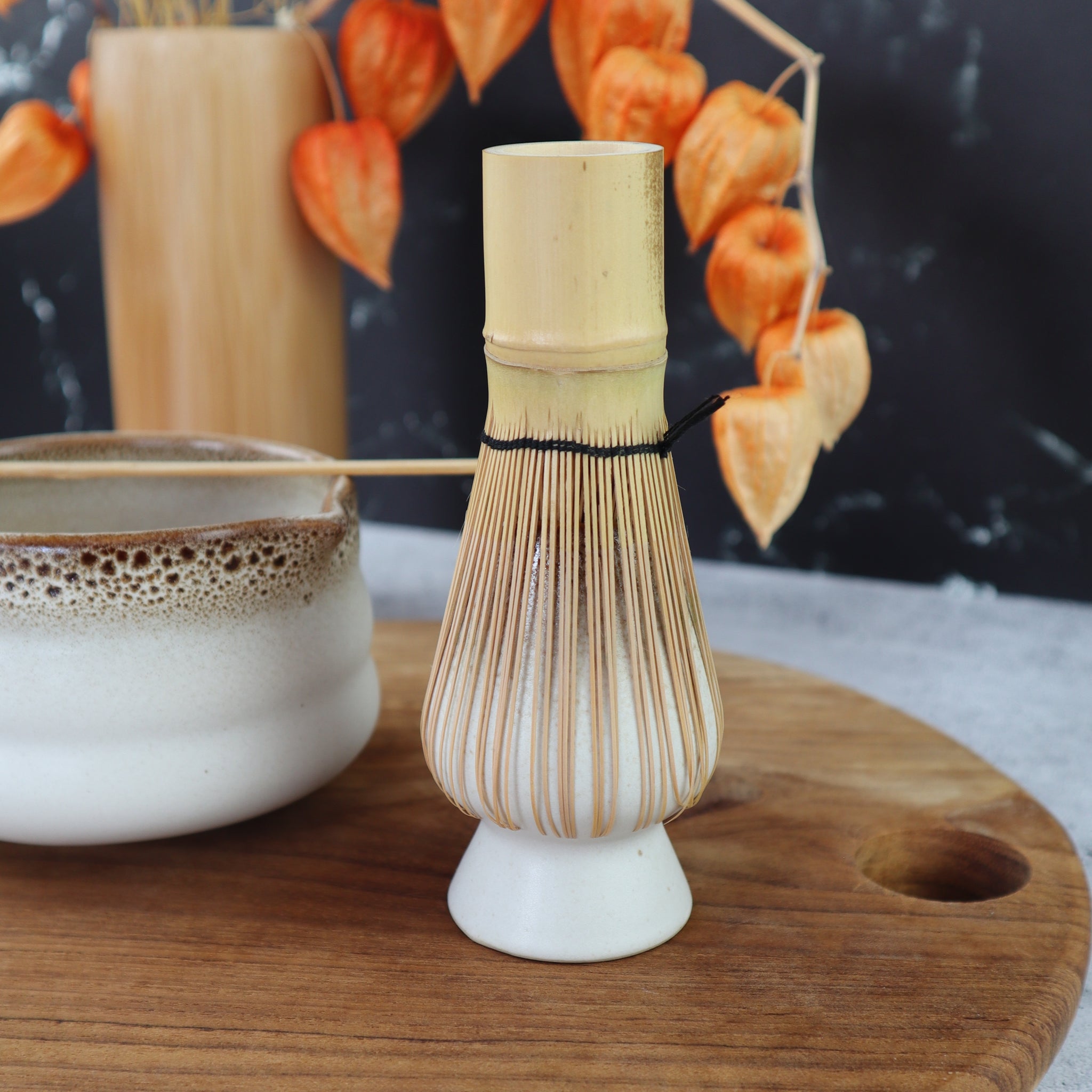 THAI BROWN OMBRE CERAMIC MATCHA BOWL AND WHISK HOLDER RITUAL SET (2 PIECES)