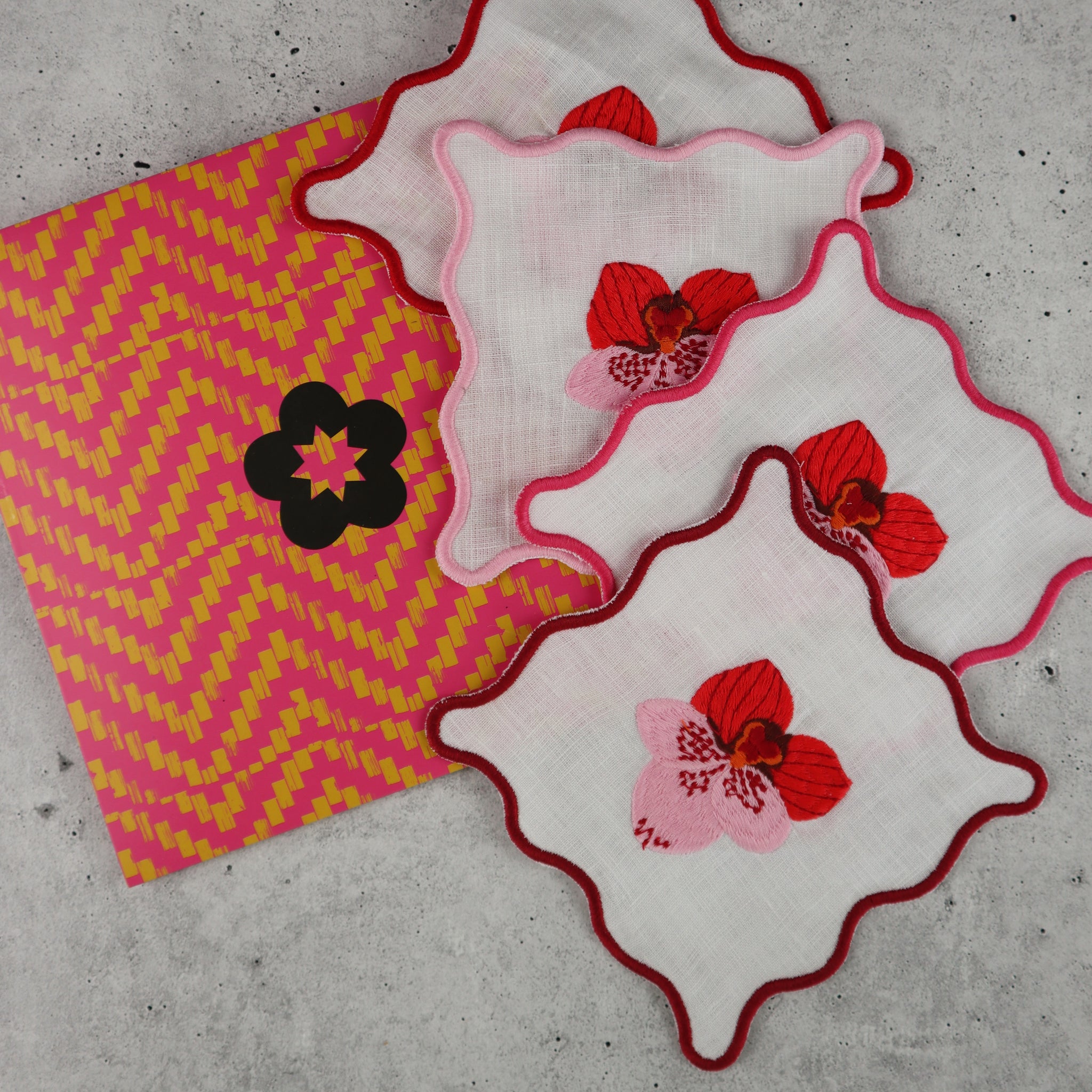 FILIPINO EMBROIDERED LINEN COASTER COCKTAIL NAPKIN PINK ORCHID MOTIF (SET OF 4)