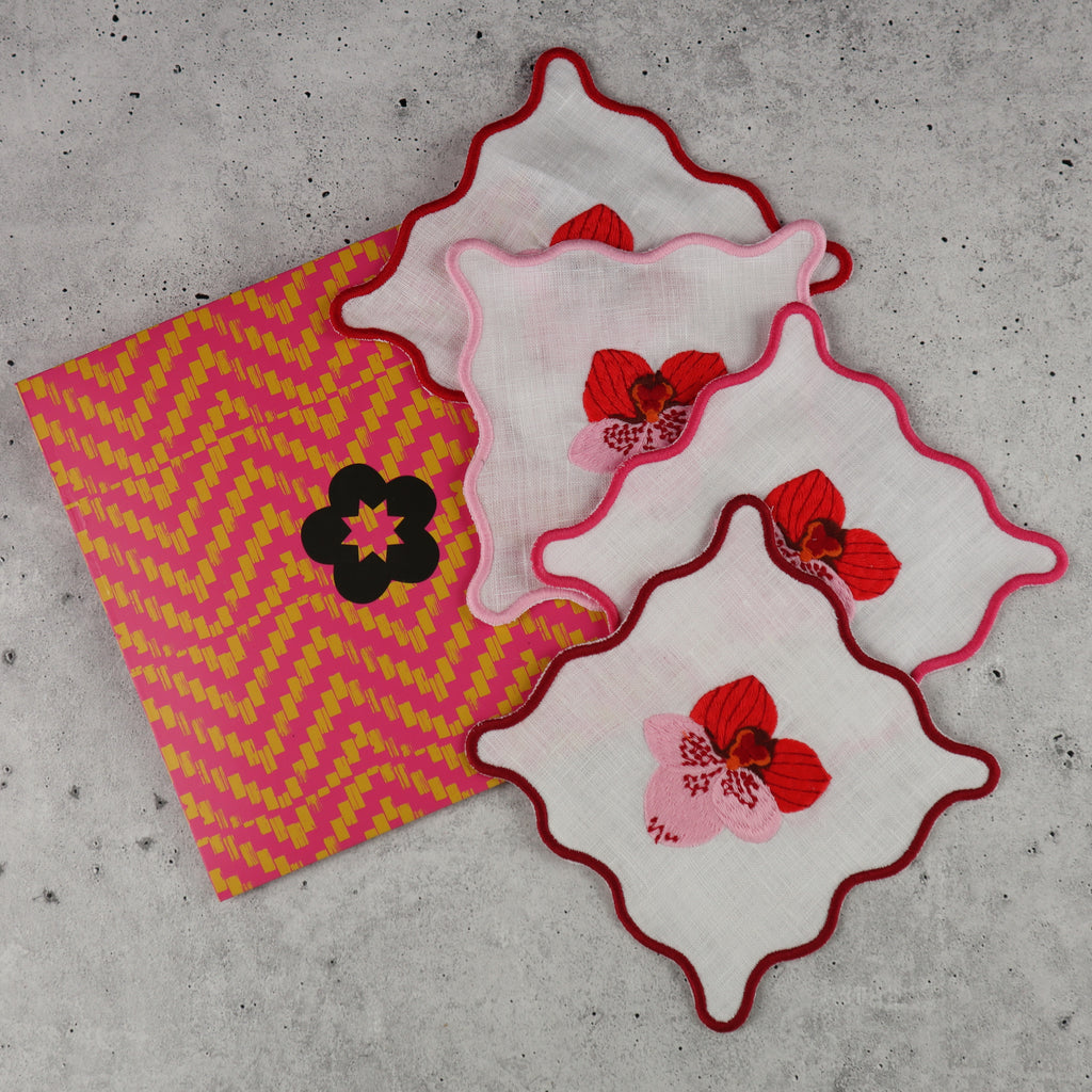 FILIPINO EMBROIDERED LINEN COASTER COCKTAIL NAPKIN PINK ORCHID MOTIF (SET OF 4)