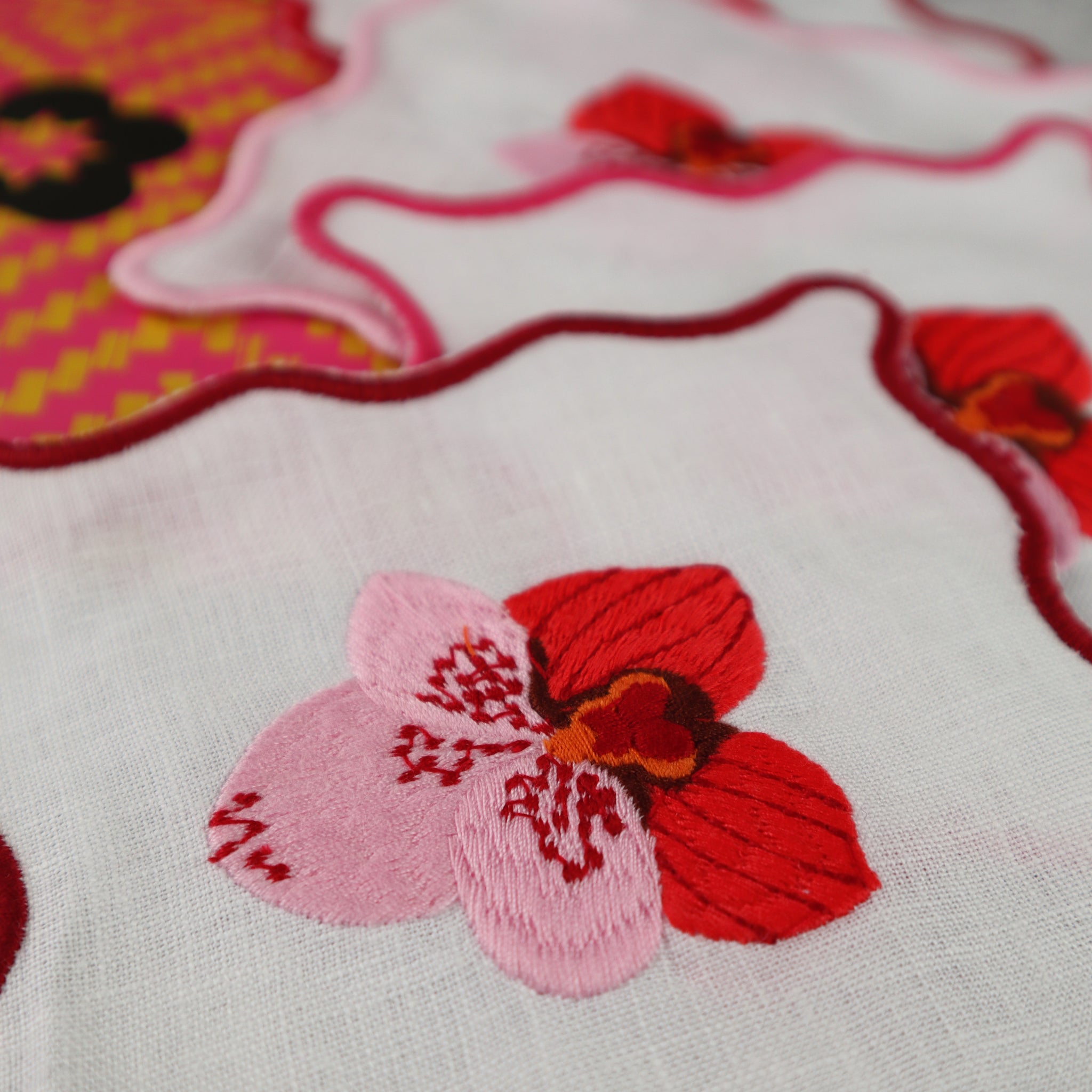 FILIPINO EMBROIDERED LINEN COASTER COCKTAIL NAPKIN PINK ORCHID MOTIF (SET OF 4)