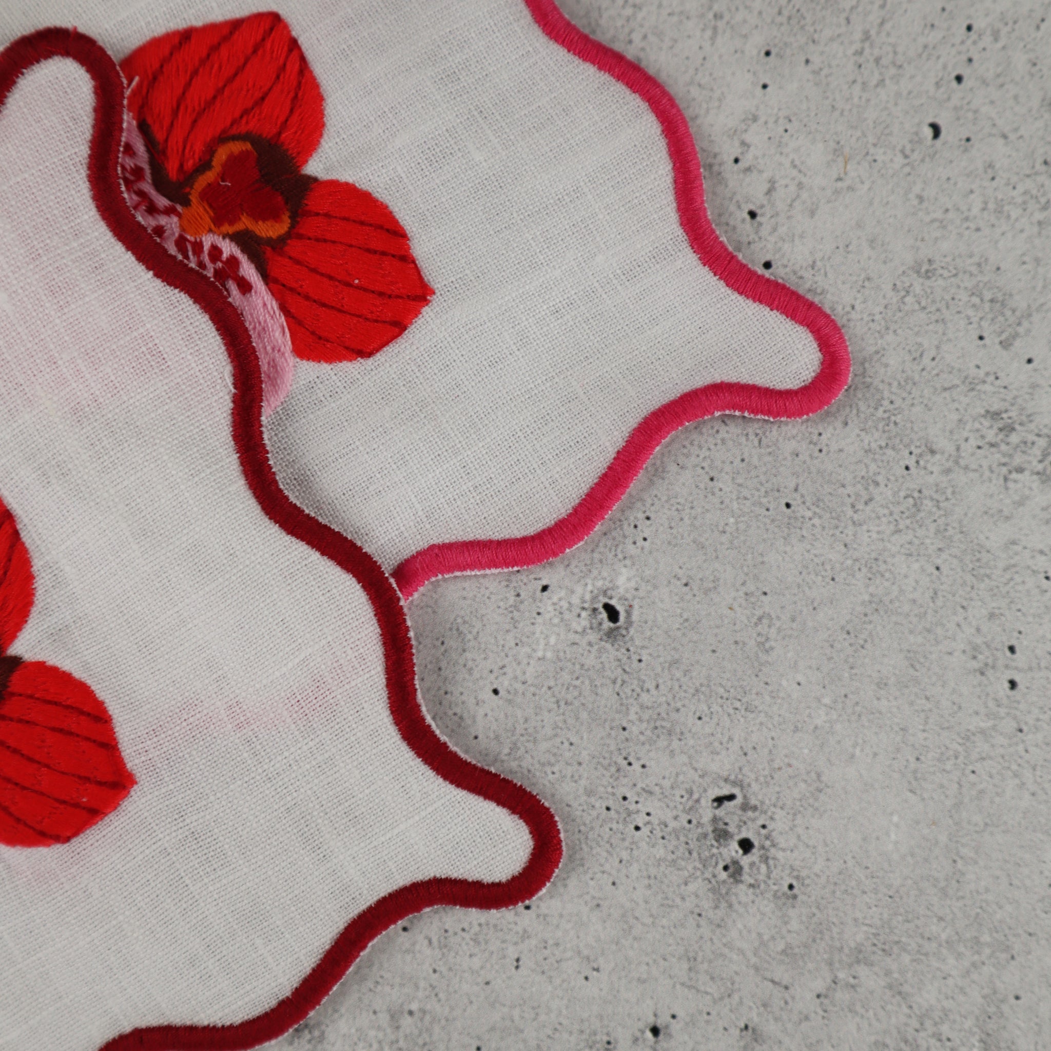 FILIPINO EMBROIDERED LINEN COASTER COCKTAIL NAPKIN PINK ORCHID MOTIF (SET OF 4)