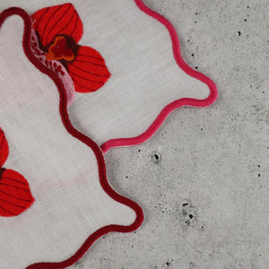 FILIPINO EMBROIDERED LINEN COASTER COCKTAIL NAPKIN PINK ORCHID MOTIF (SET OF 4)