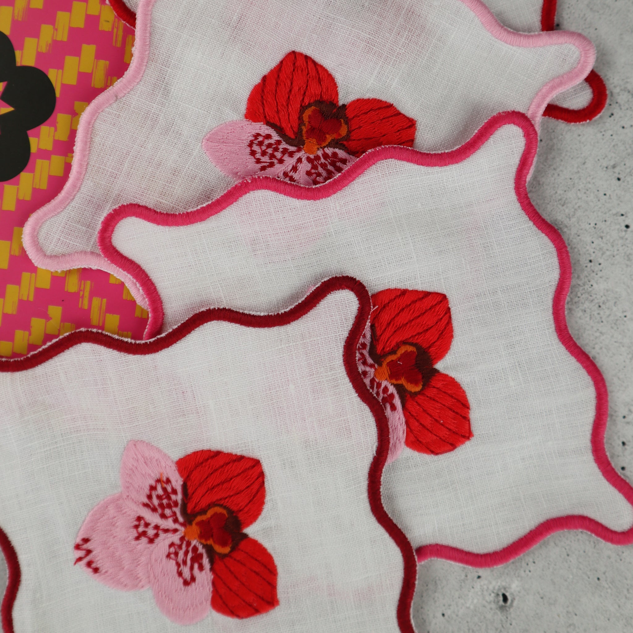 FILIPINO EMBROIDERED LINEN COASTER COCKTAIL NAPKIN PINK ORCHID MOTIF (SET OF 4)