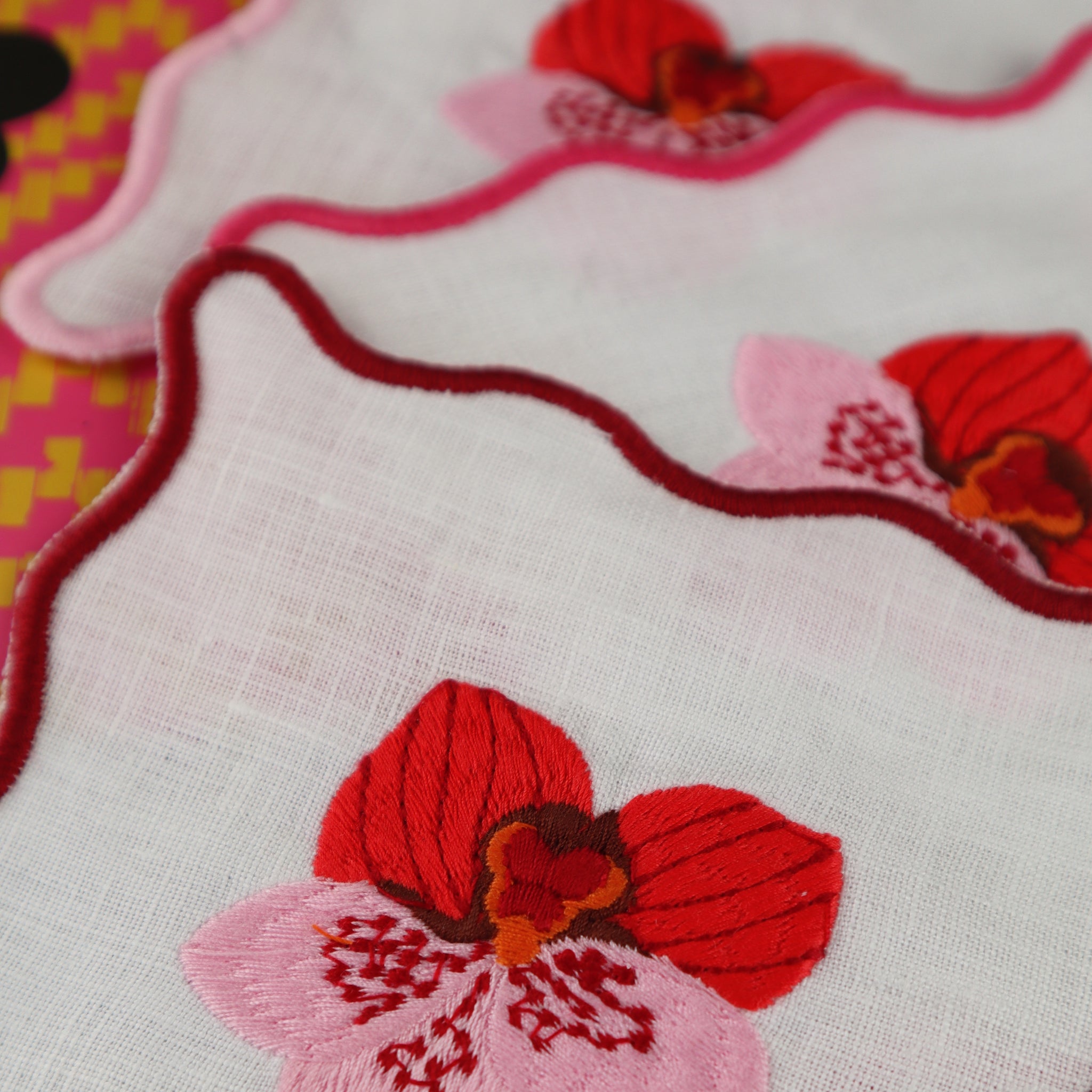 FILIPINO EMBROIDERED LINEN COASTER COCKTAIL NAPKIN PINK ORCHID MOTIF (SET OF 4)