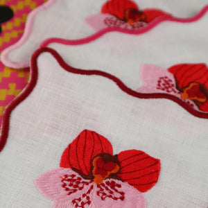 FILIPINO EMBROIDERED LINEN COASTER COCKTAIL NAPKIN PINK ORCHID MOTIF (SET OF 4)