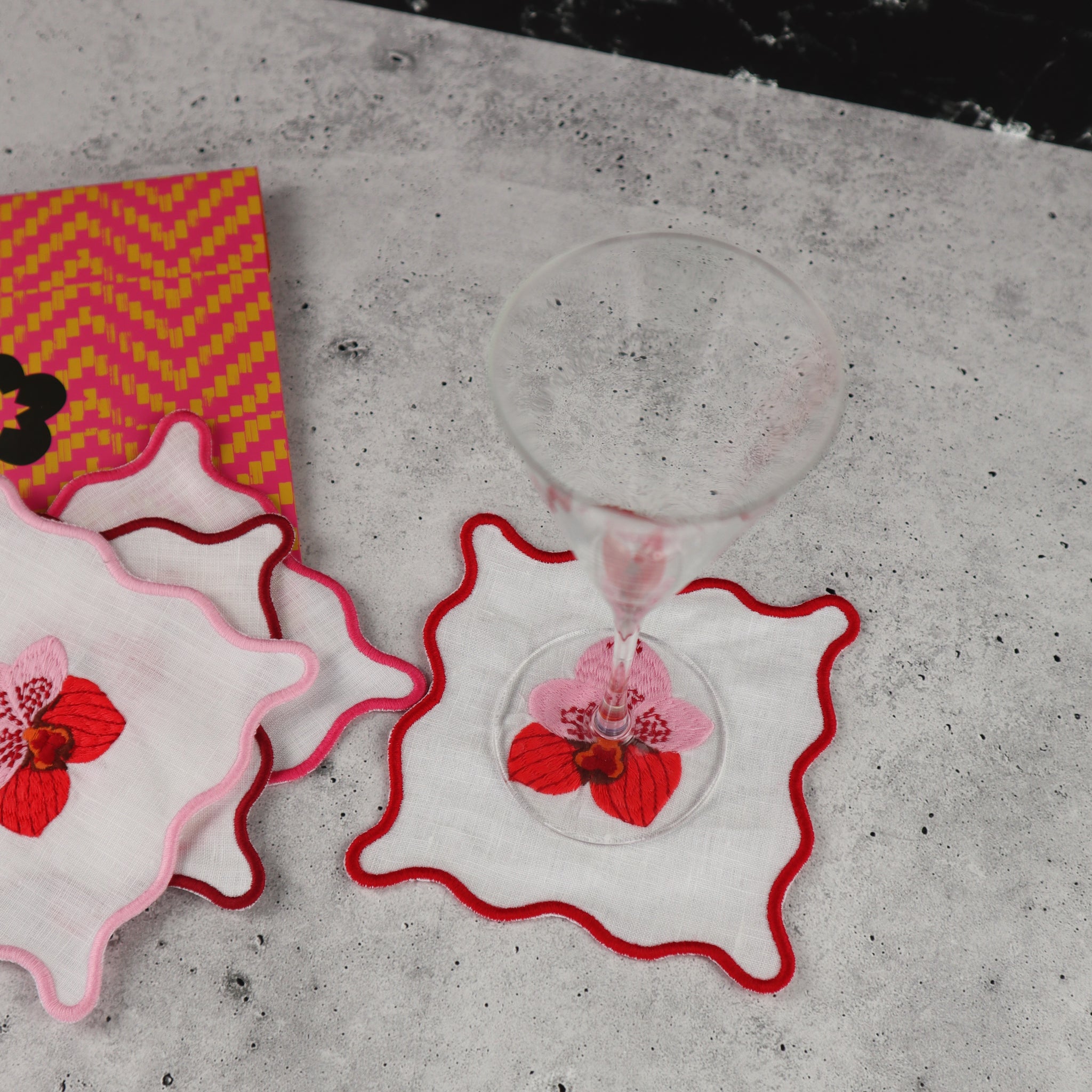 FILIPINO EMBROIDERED LINEN COASTER COCKTAIL NAPKIN PINK ORCHID MOTIF (SET OF 4)