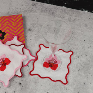 FILIPINO EMBROIDERED LINEN COASTER COCKTAIL NAPKIN PINK ORCHID MOTIF (SET OF 4)