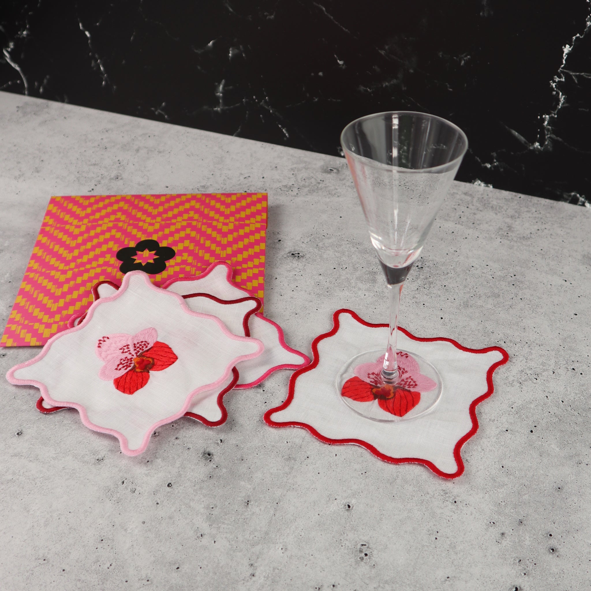 FILIPINO EMBROIDERED LINEN COASTER COCKTAIL NAPKIN PINK ORCHID MOTIF (SET OF 4)