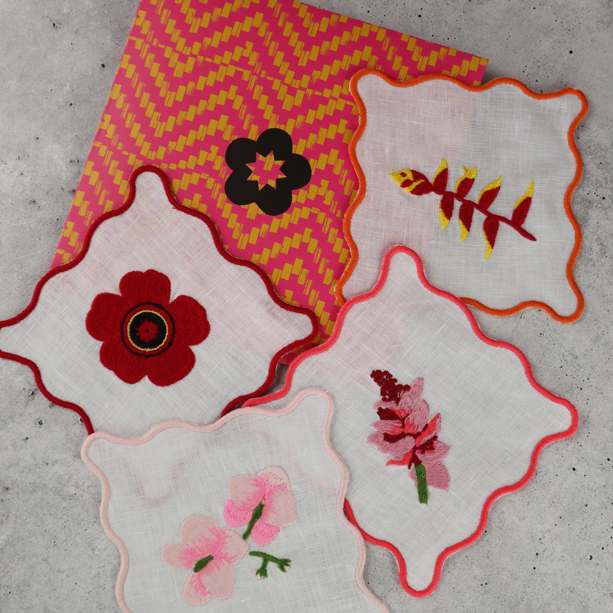 FILIPINO EMBROIDERED LINEN COASTER COCKTAIL NAPKIN RED AND PINK TROPICAL FLORAL MOTIF (SET OF 4)