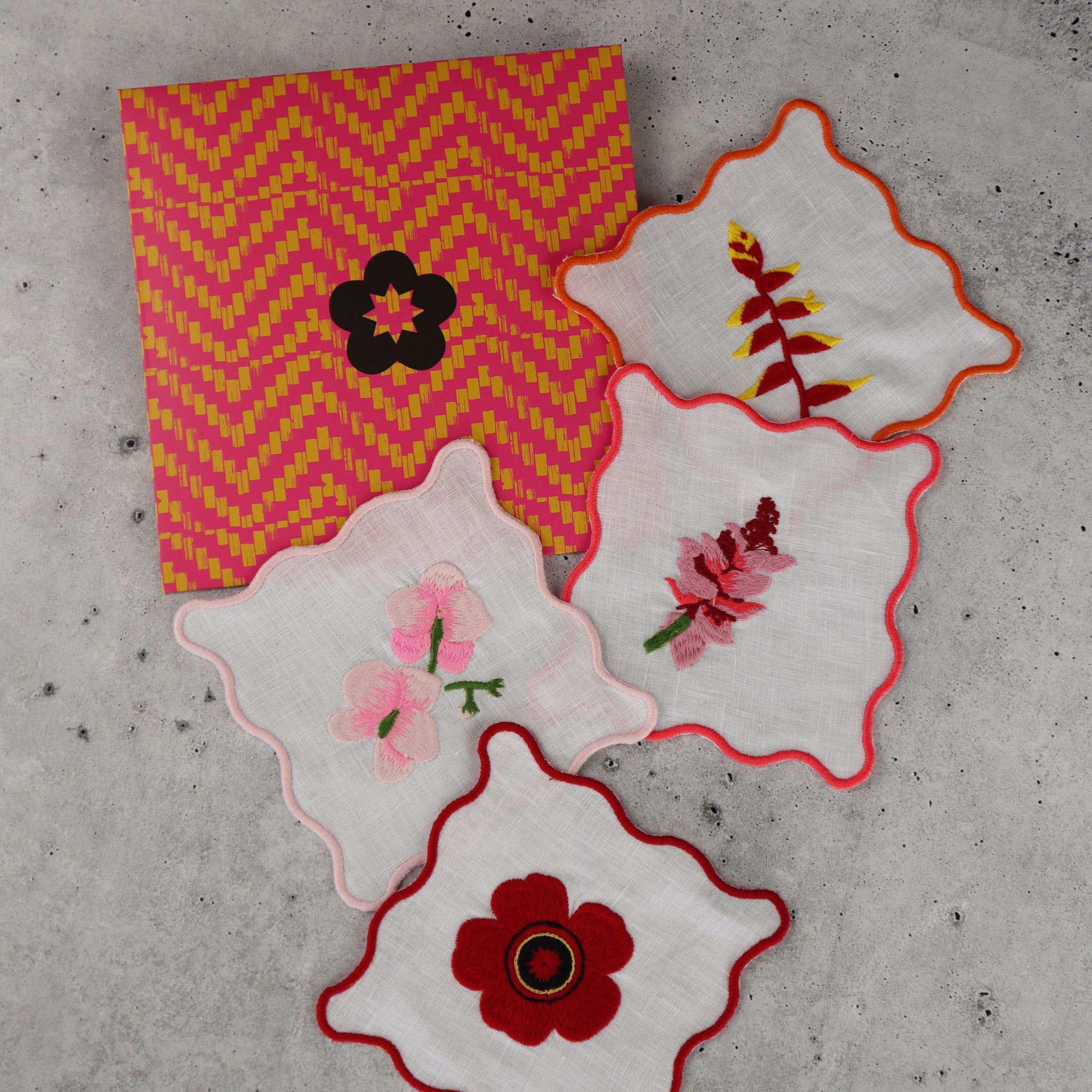 FILIPINO EMBROIDERED LINEN COASTER COCKTAIL NAPKIN RED AND PINK TROPICAL FLORAL MOTIF (SET OF 4)