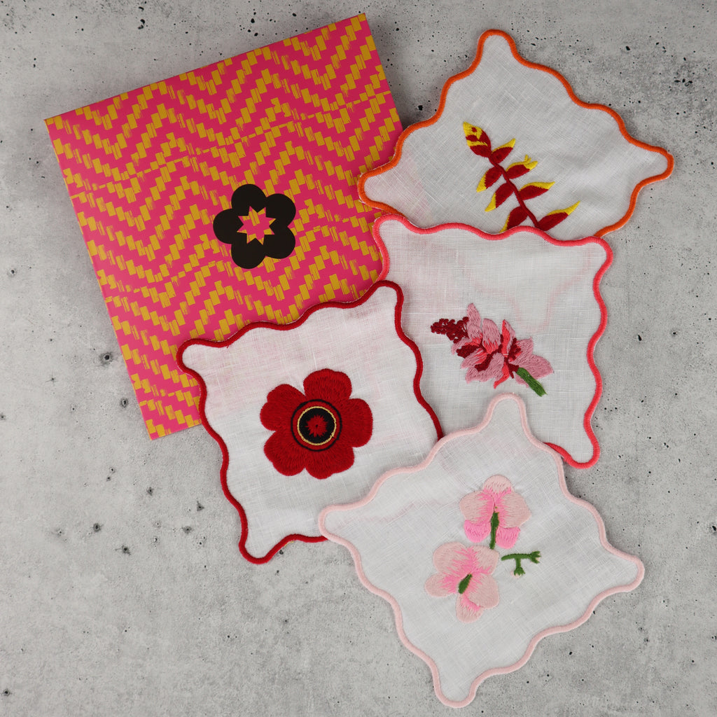 FILIPINO EMBROIDERED LINEN COASTER COCKTAIL NAPKIN RED AND PINK TROPICAL FLORAL MOTIF (SET OF 4)