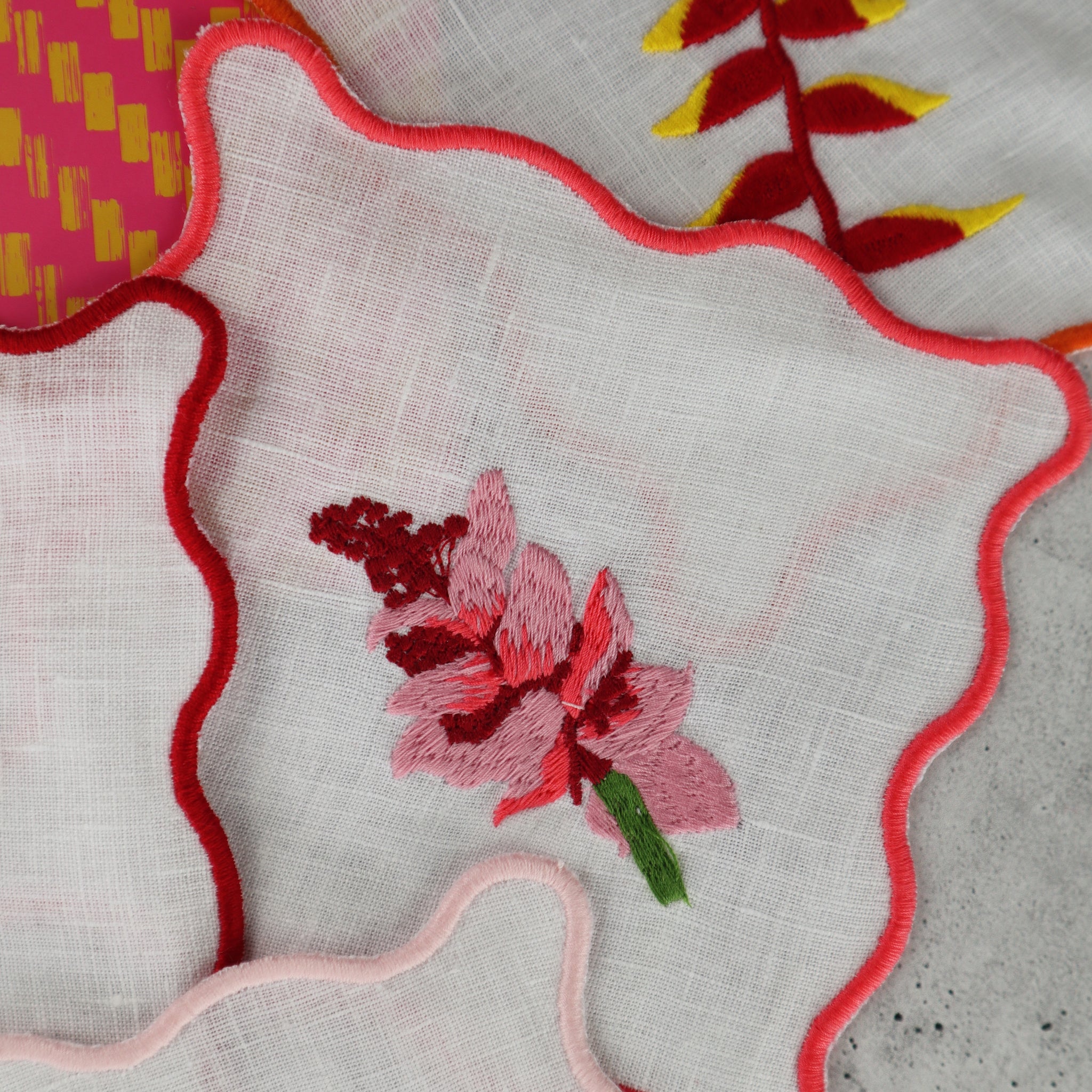 FILIPINO EMBROIDERED LINEN COASTER COCKTAIL NAPKIN RED AND PINK TROPICAL FLORAL MOTIF (SET OF 4)