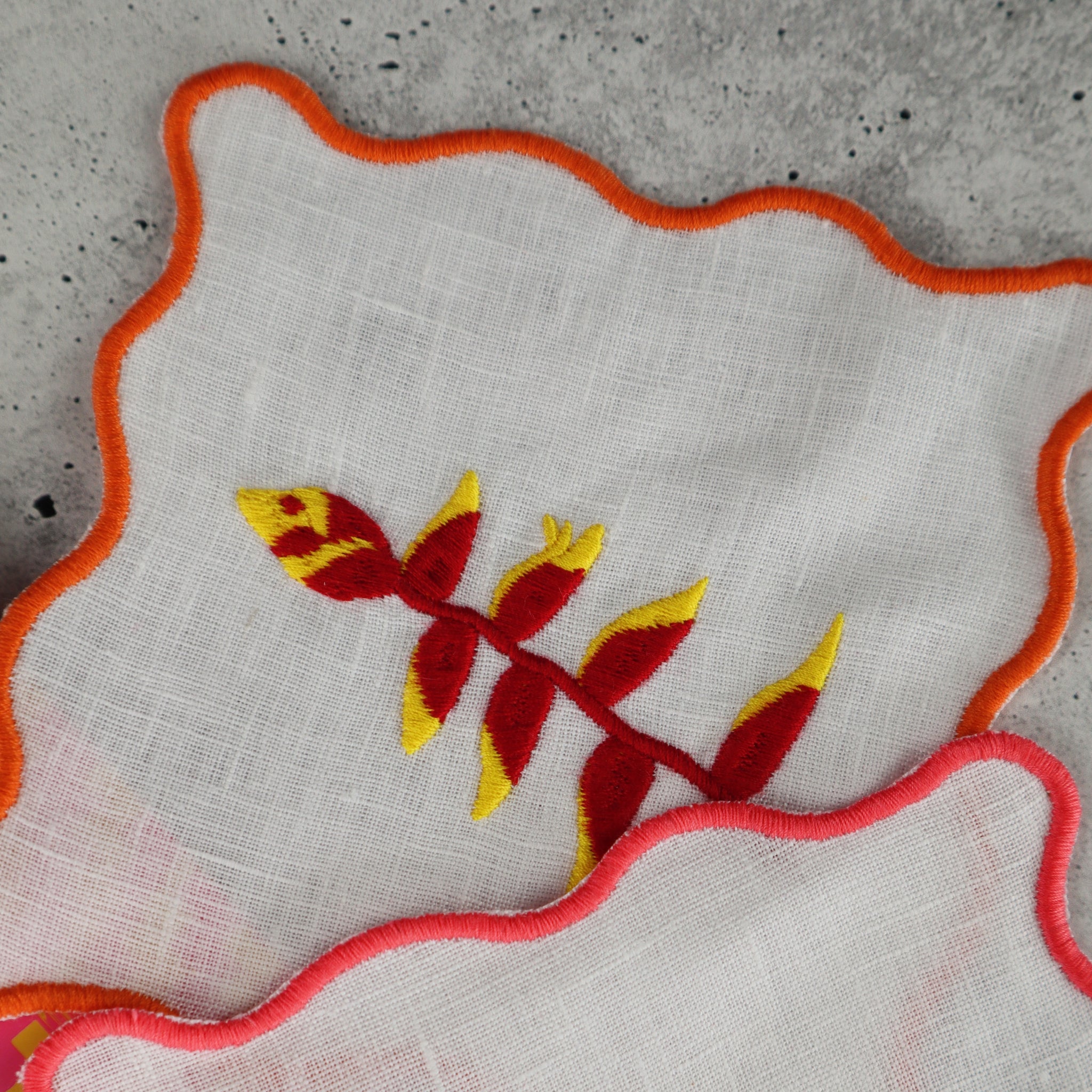 FILIPINO EMBROIDERED LINEN COASTER COCKTAIL NAPKIN RED AND PINK TROPICAL FLORAL MOTIF (SET OF 4)